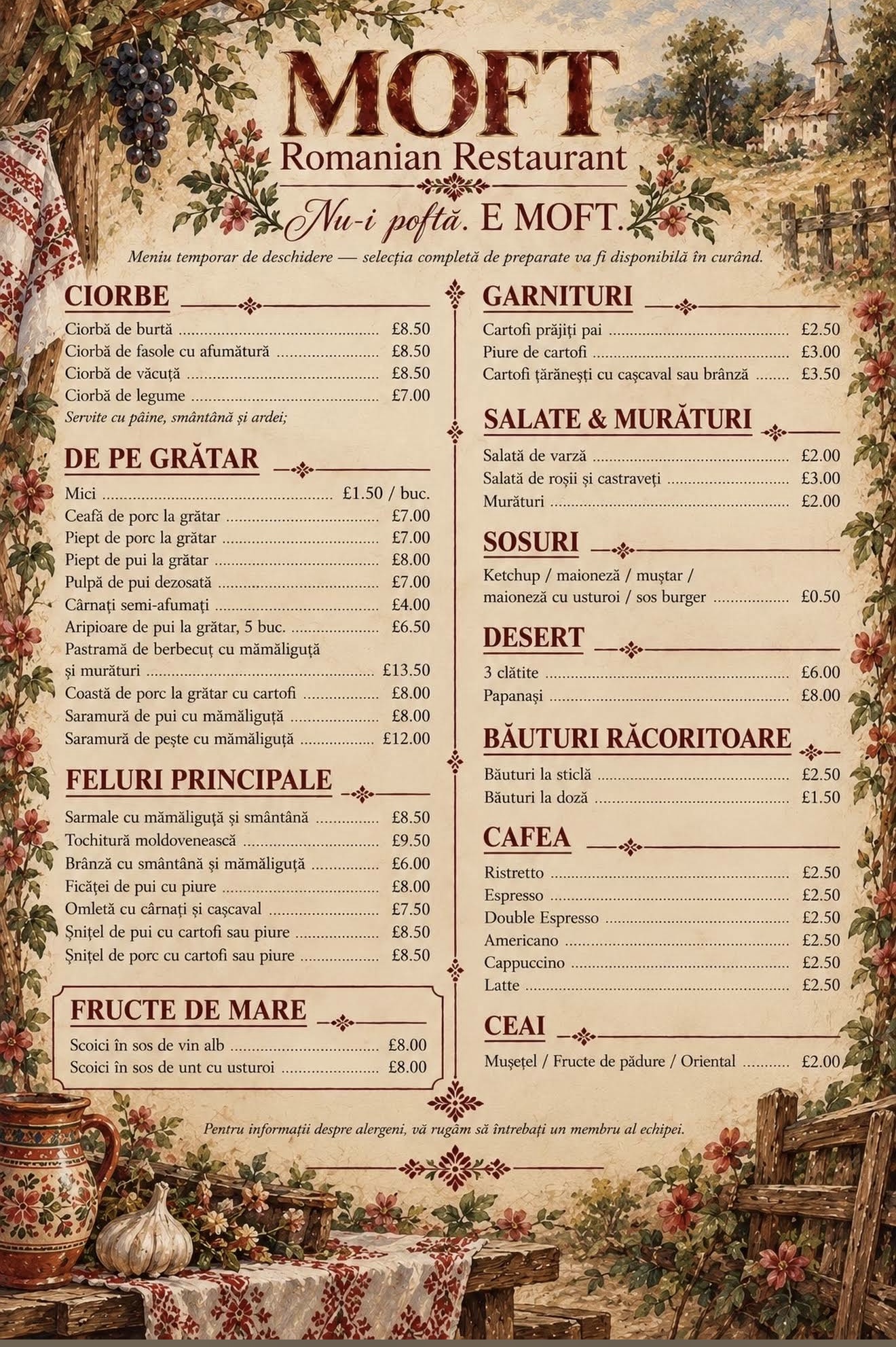 Full original Romanian menu with prices